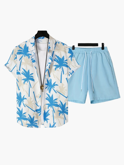 Herren Sommer Strand Set – Palmen Print Kurzarmhemd und Shorts, Freizeit Outfit