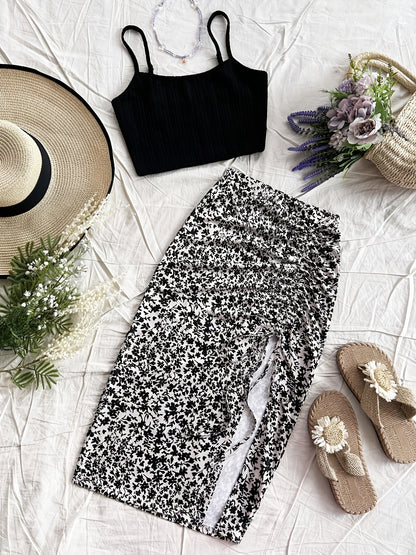 Women's Summer Outfit Set – Fashionable Top and Midi Skirt with Floral Design for Vacation and Leisure