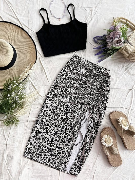 Women's Summer Outfit Set – Fashionable Top and Midi Skirt with Floral Design for Vacation and Leisure