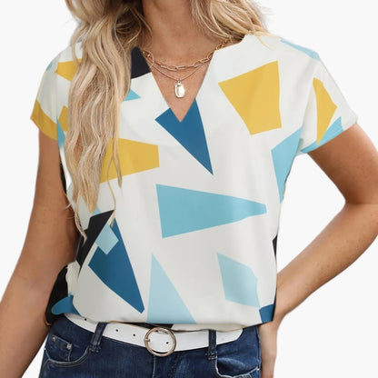 Damen Vintage Bluse mit geometrischem Muster und V-Ausschnitt – Modische Sommerbluse für Alltag und Büro