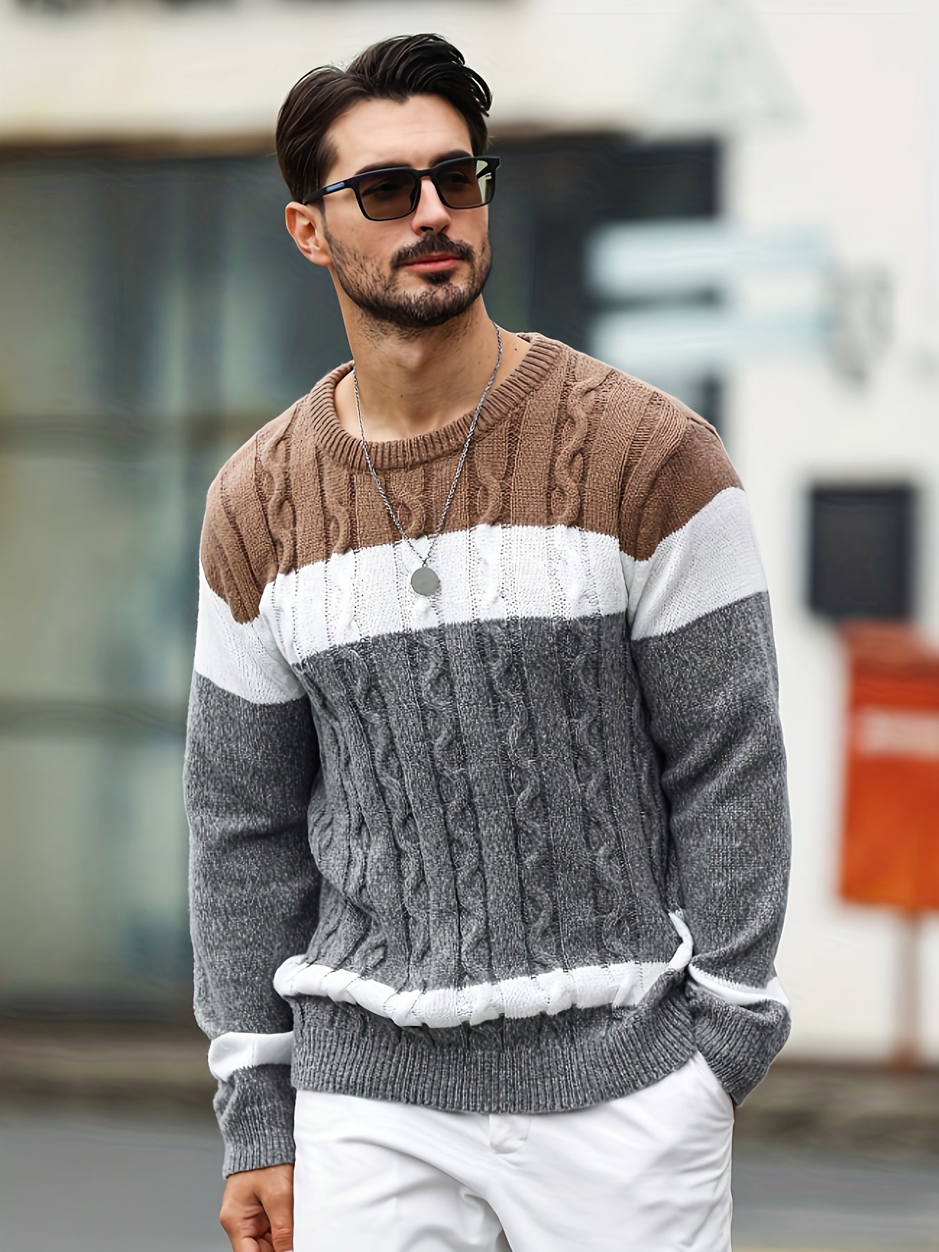 Men's knitted sweater, crew neck, cable-knit pattern, multicolored striped