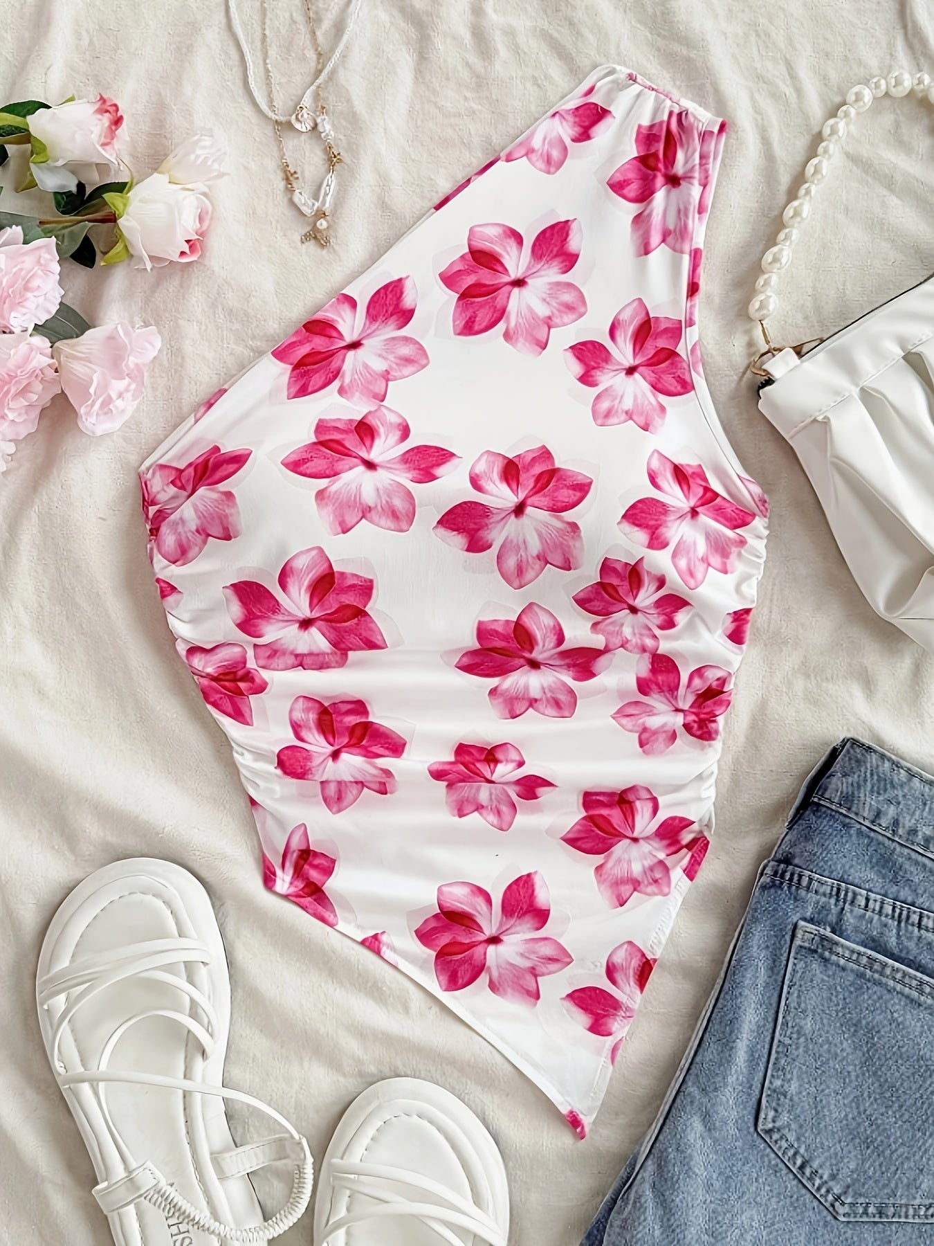 Women's One-Shoulder Swimsuit Elegant Floral Pattern for Spring & Summer
