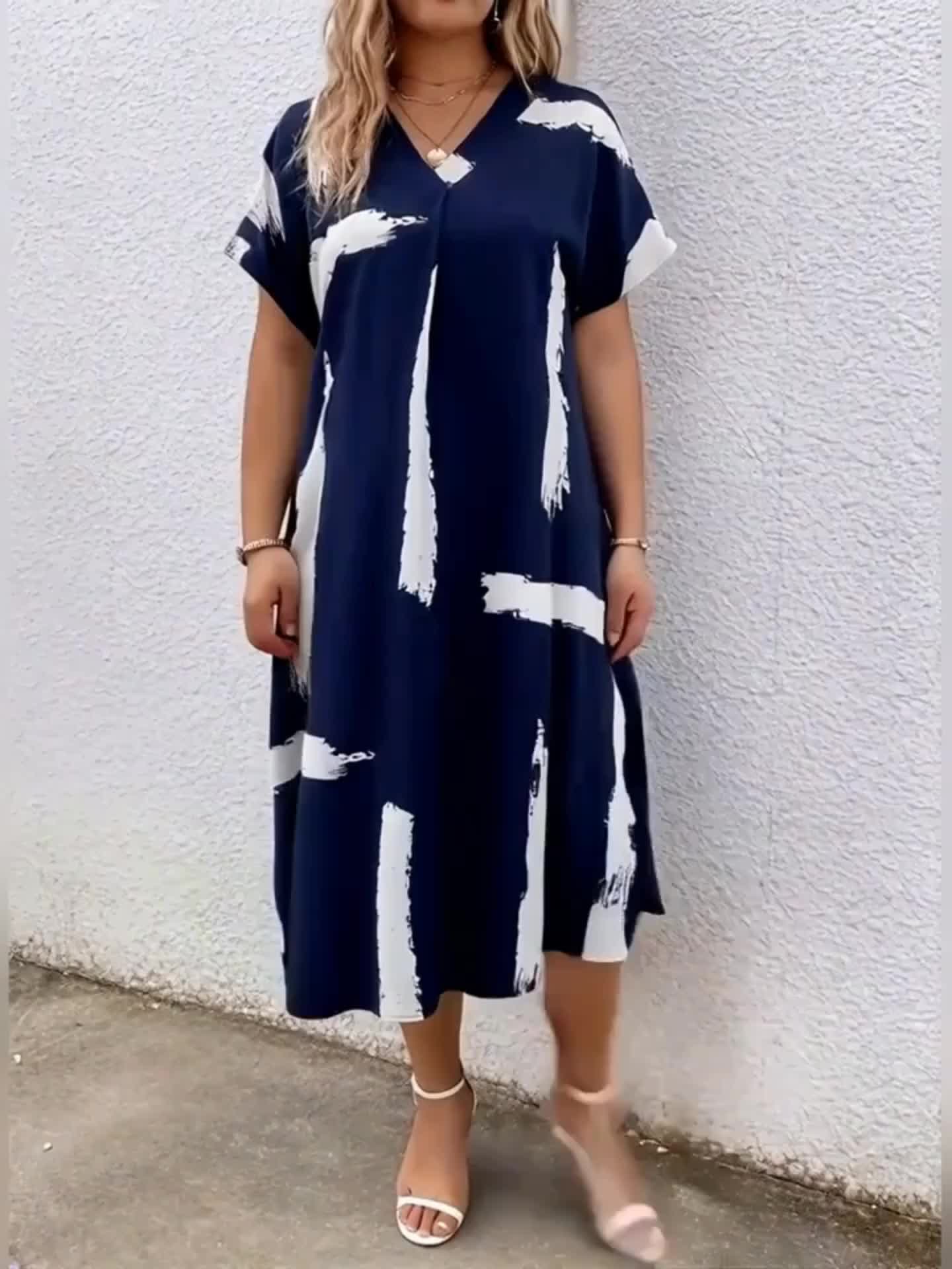 Damen Tunika Kleid Elegant V-Ausschnitt Lässig für Alltag und Urlaub Plus Size
