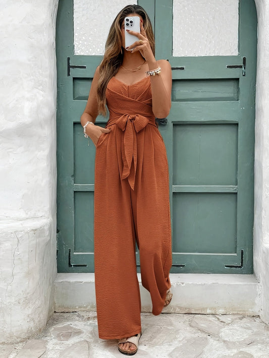 Women's Elegant Jumpsuit with Belt, V-Neck, Wide Legs, Ideal for Spring and Summer