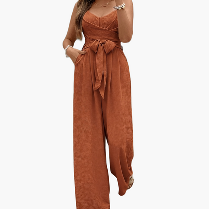 Women's Elegant Jumpsuit with Belt, V-Neck, Wide Legs, Ideal for Spring and Summer