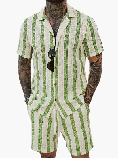 Men's Summer Set – Striped Casual Outfit with Short-Sleeve Shirt and Shorts, Ideal for Vacation & Everyday Wear