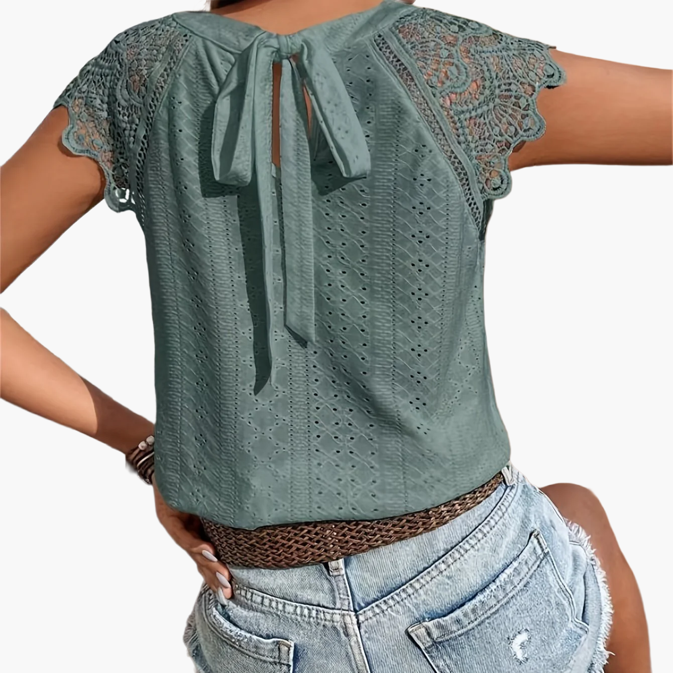 Women's lace blouse with back bow and short sleeves – summer casual boho style