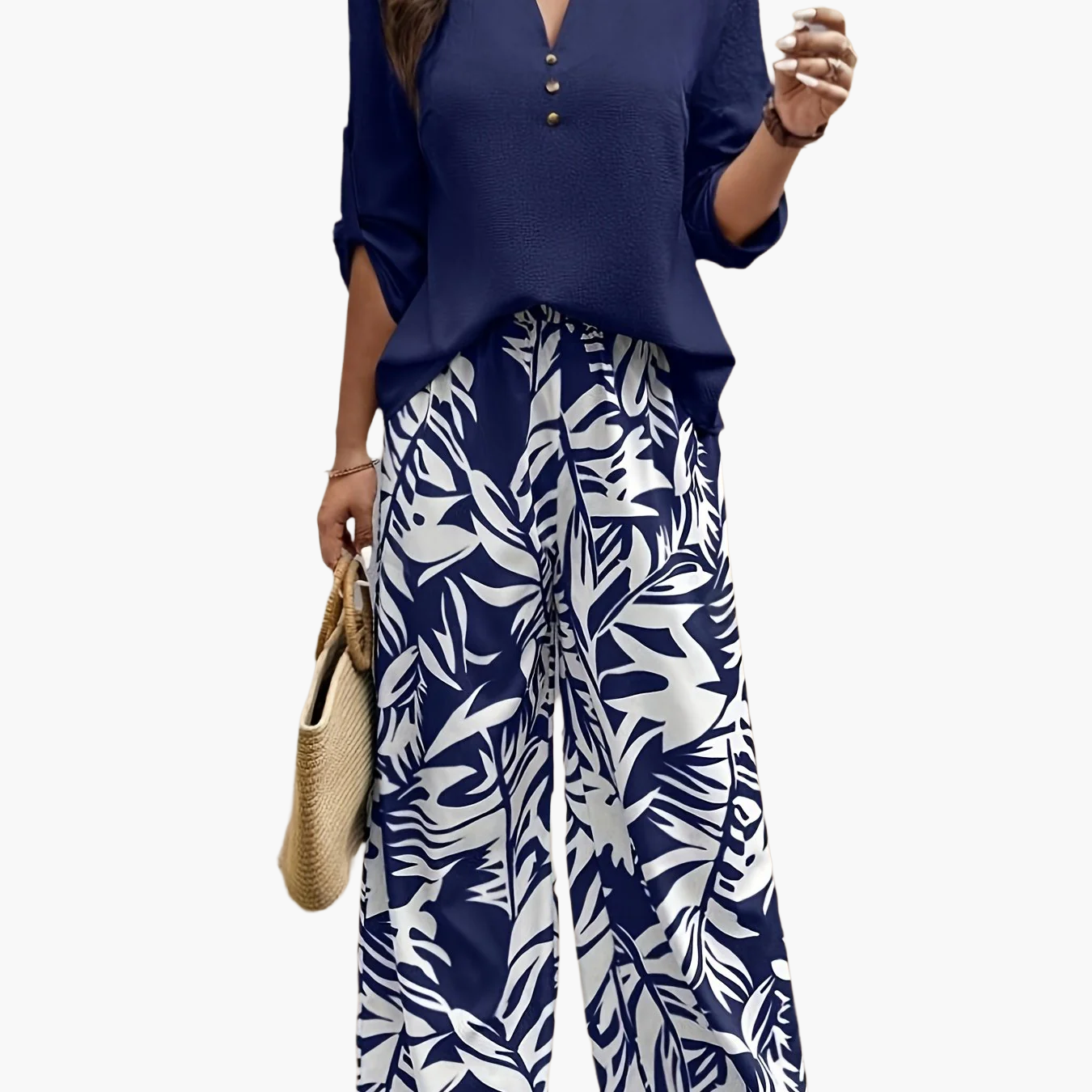 Women's Elegant Set with Tropical Pattern – Wide Pants and Blouse, Perfect for Spring & Summer