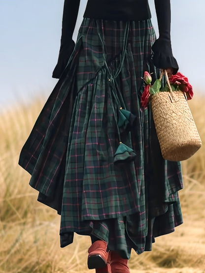 Damen Maxirock Plaid Schottenkaro Asymmetrisch Grün