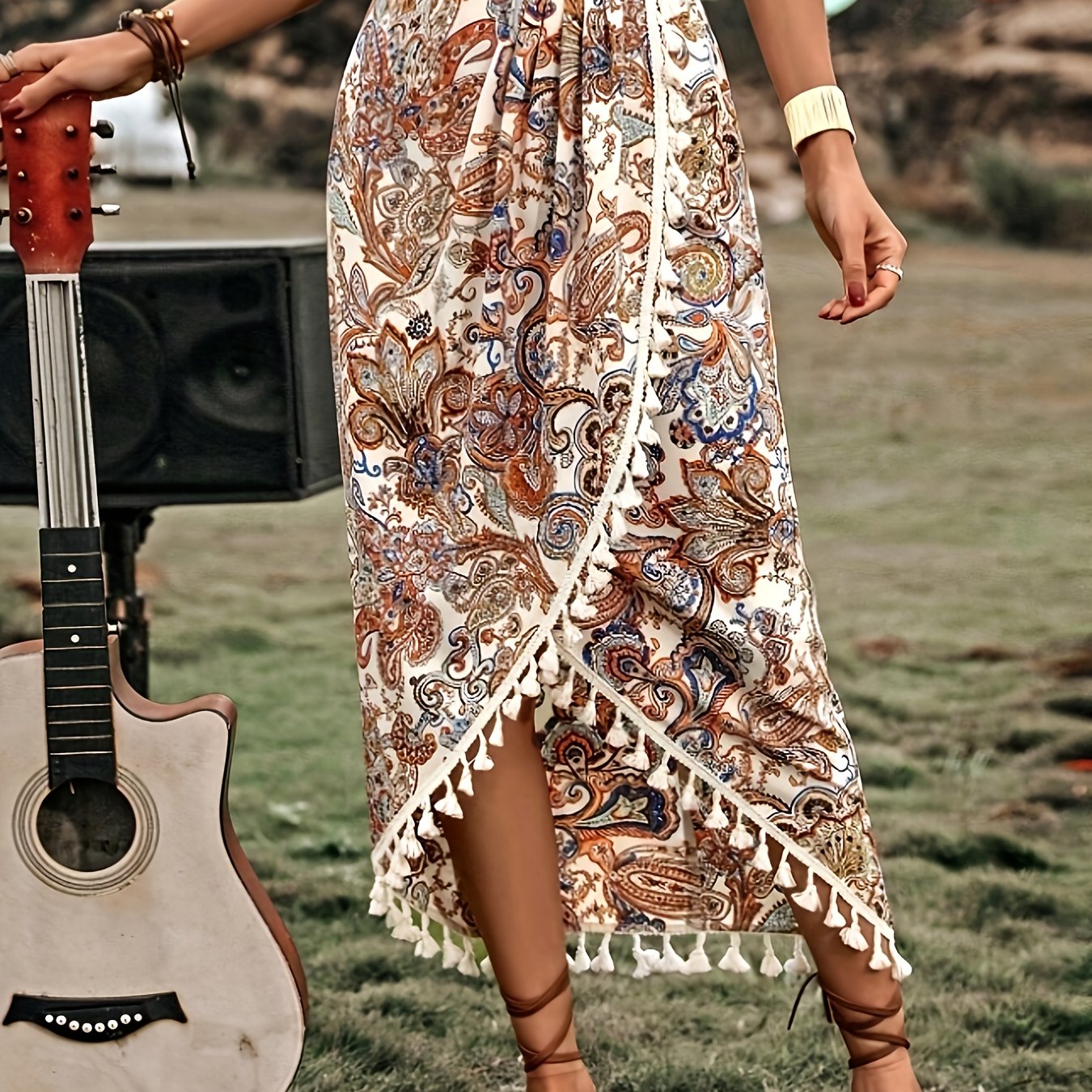 Women's Boho Wrap Midi Skirt with Paisley Pattern and Tassels – Summer Festival Style