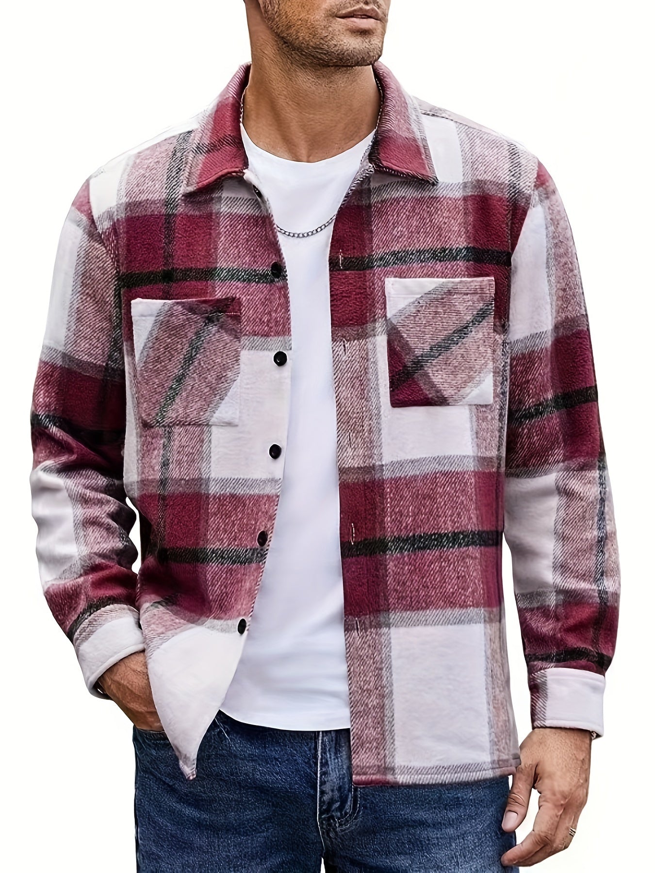 Men's Plaid Shirt Jacket, Long Sleeve, with Chest Pockets, Casual Shacket