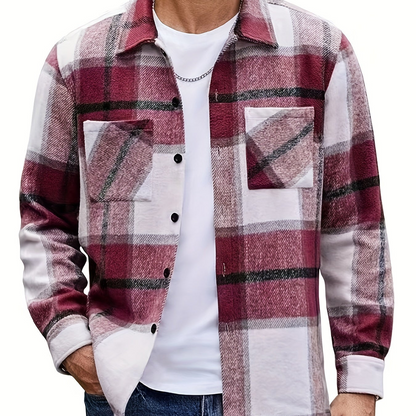 Men's Plaid Shirt Jacket, Long Sleeve, with Chest Pockets, Casual Shacket