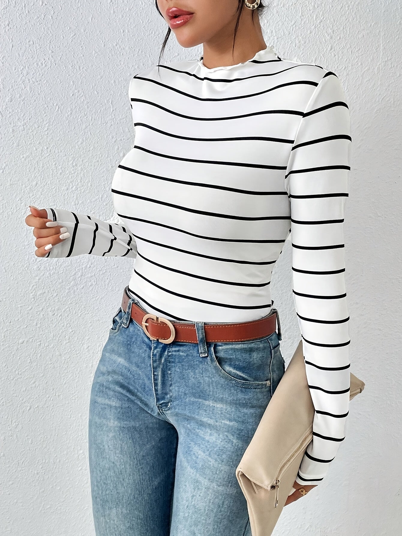 Damen Langarmshirt gestreift Stehkragen