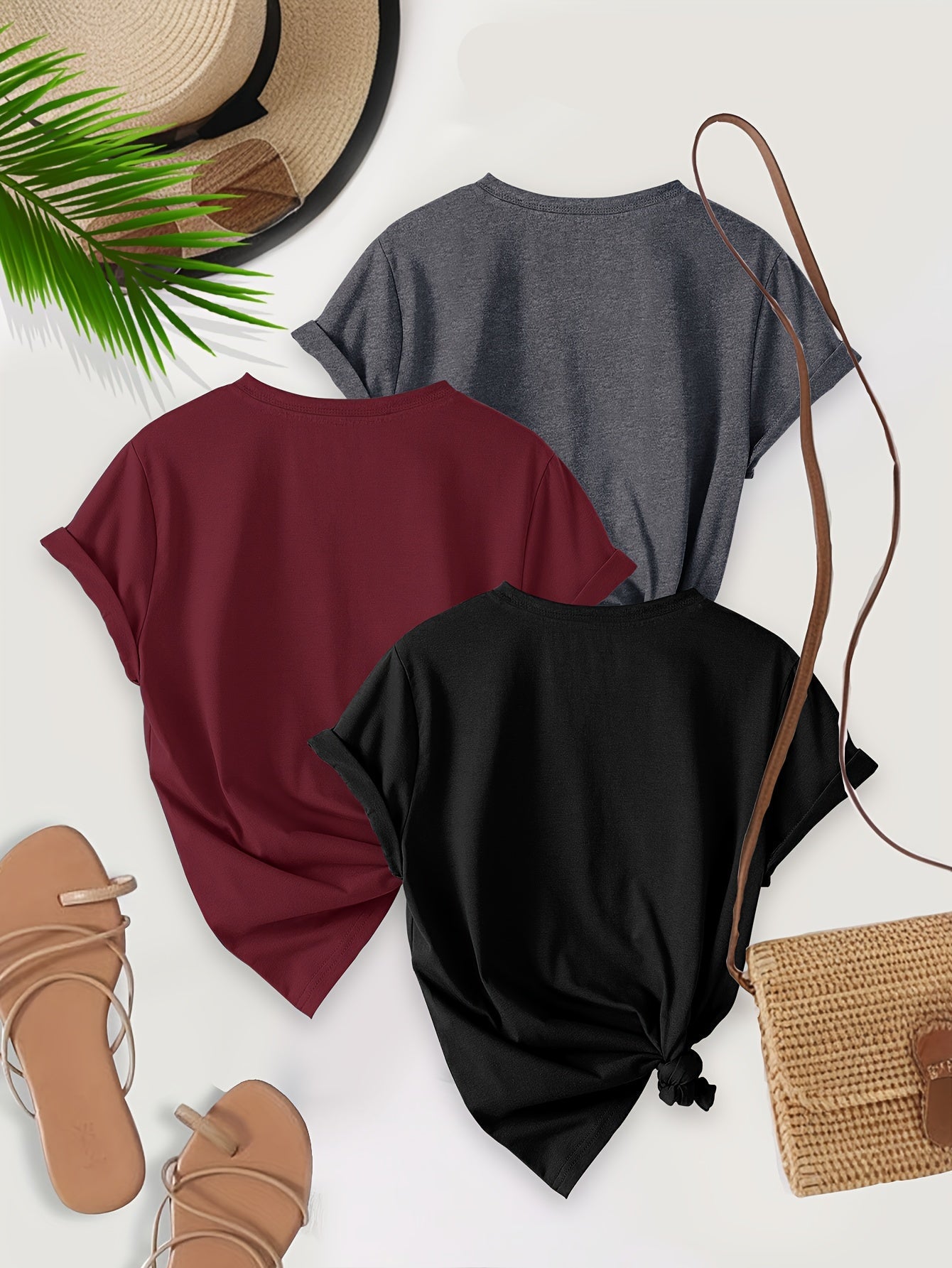 Women's Basic T-Shirt 3-Pack – Casual Crew Neck Shirts with Knot Detail, Short Sleeve, Everyday & Leisure
