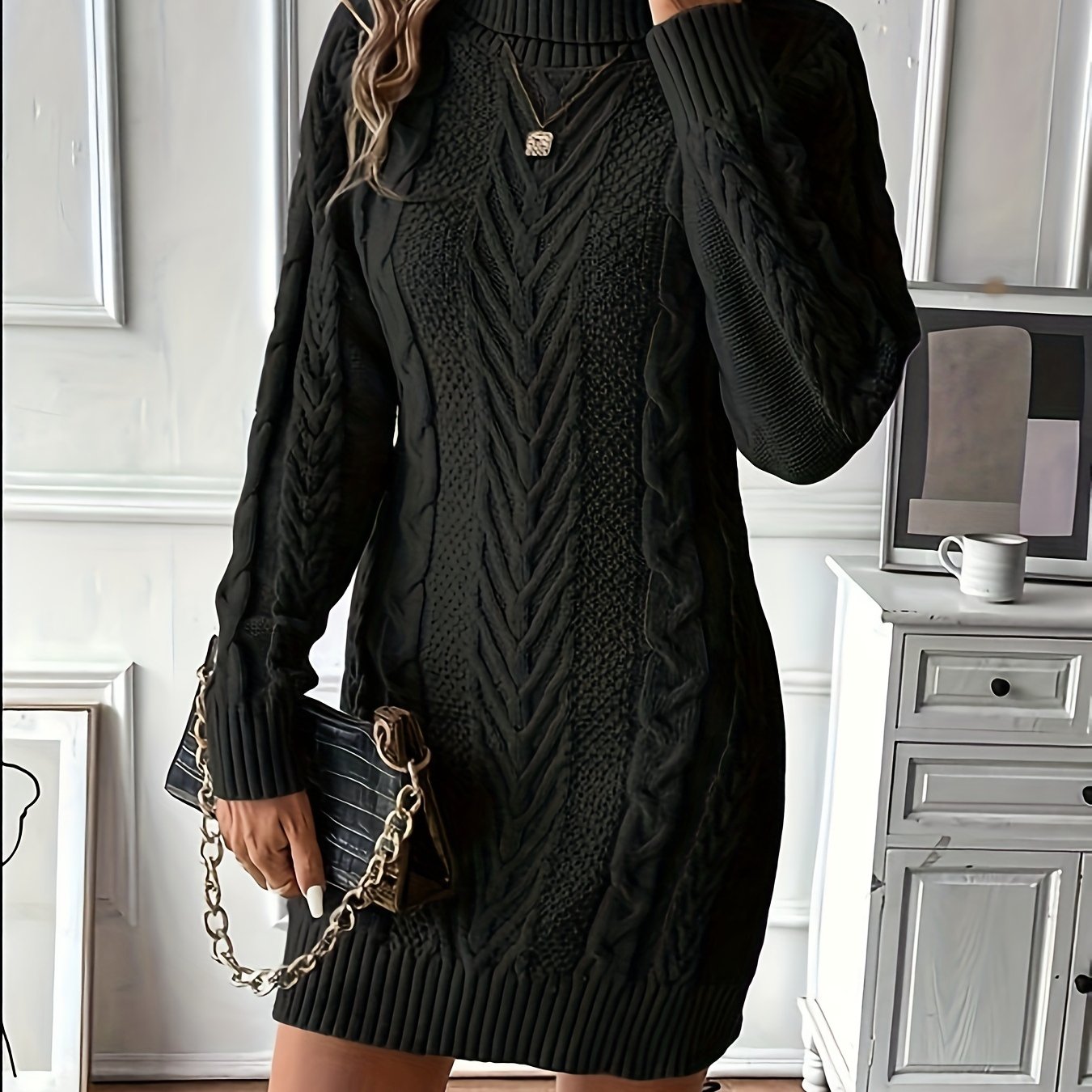 Strickkleid Damen Rollkragen Zopfmuster Langarm