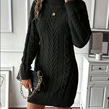 Strickkleid Damen Rollkragen Zopfmuster Langarm
