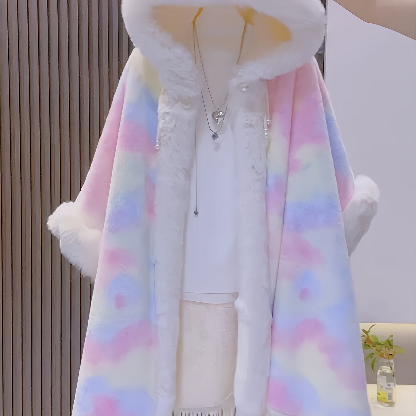 Colorful poncho cape with hood and fringes – fluffy cover-up cape