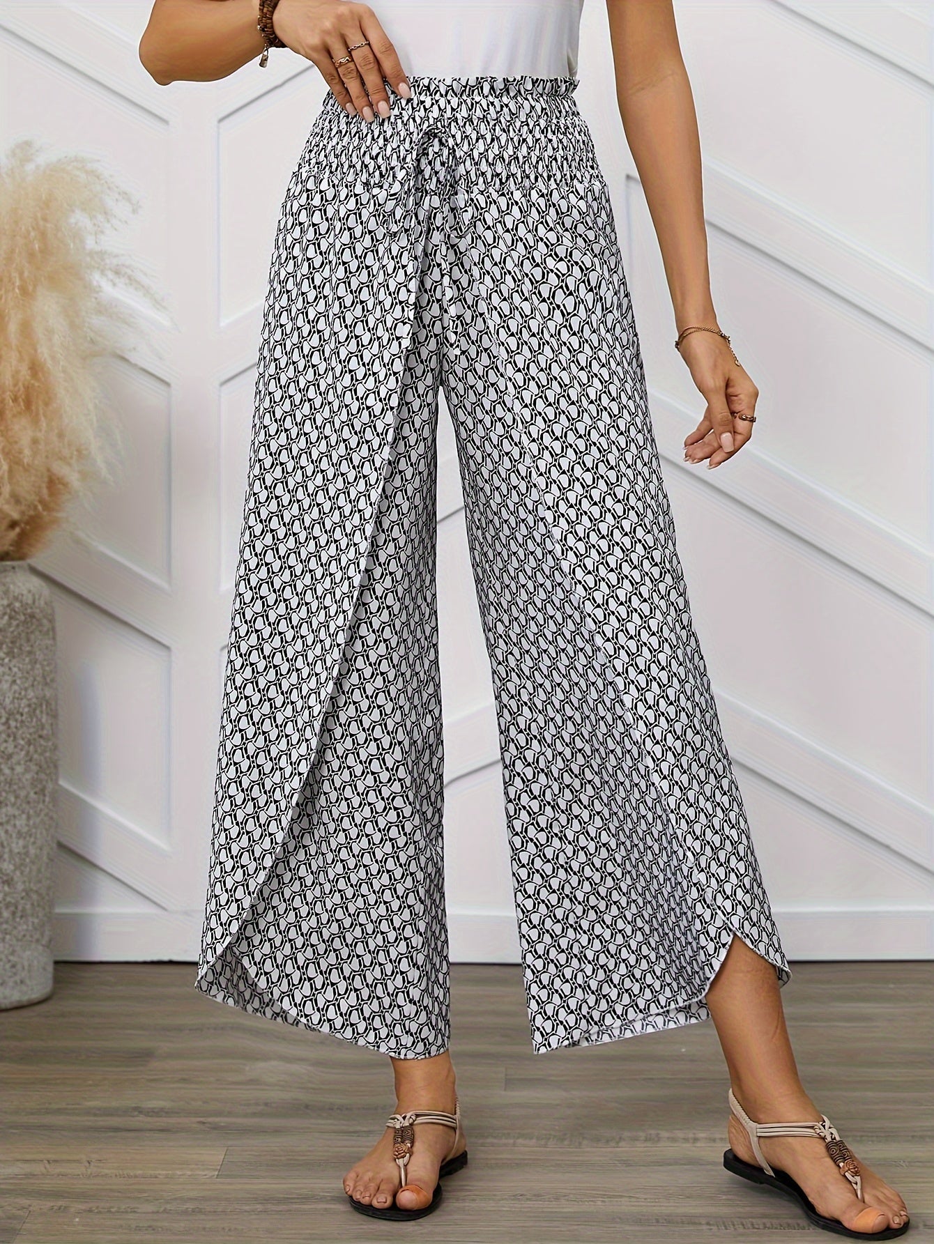 Women's Elegant Wide-Leg Wrap Pants with Geometric Pattern for Spring and Summer