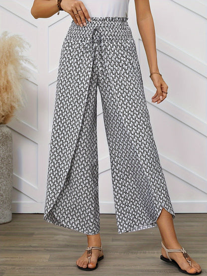 Women's Elegant Wide-Leg Wrap Pants with Geometric Pattern for Spring and Summer