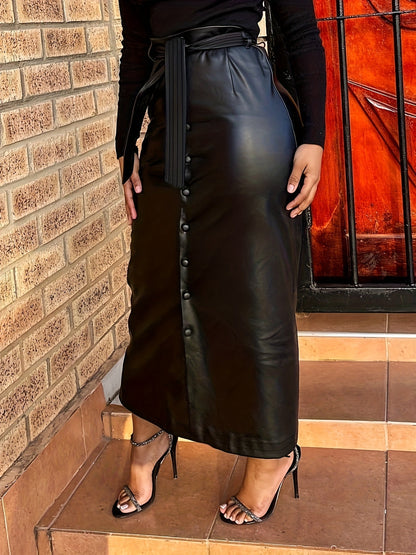 Women's faux leather maxi skirt with buttons and tie belt, black
