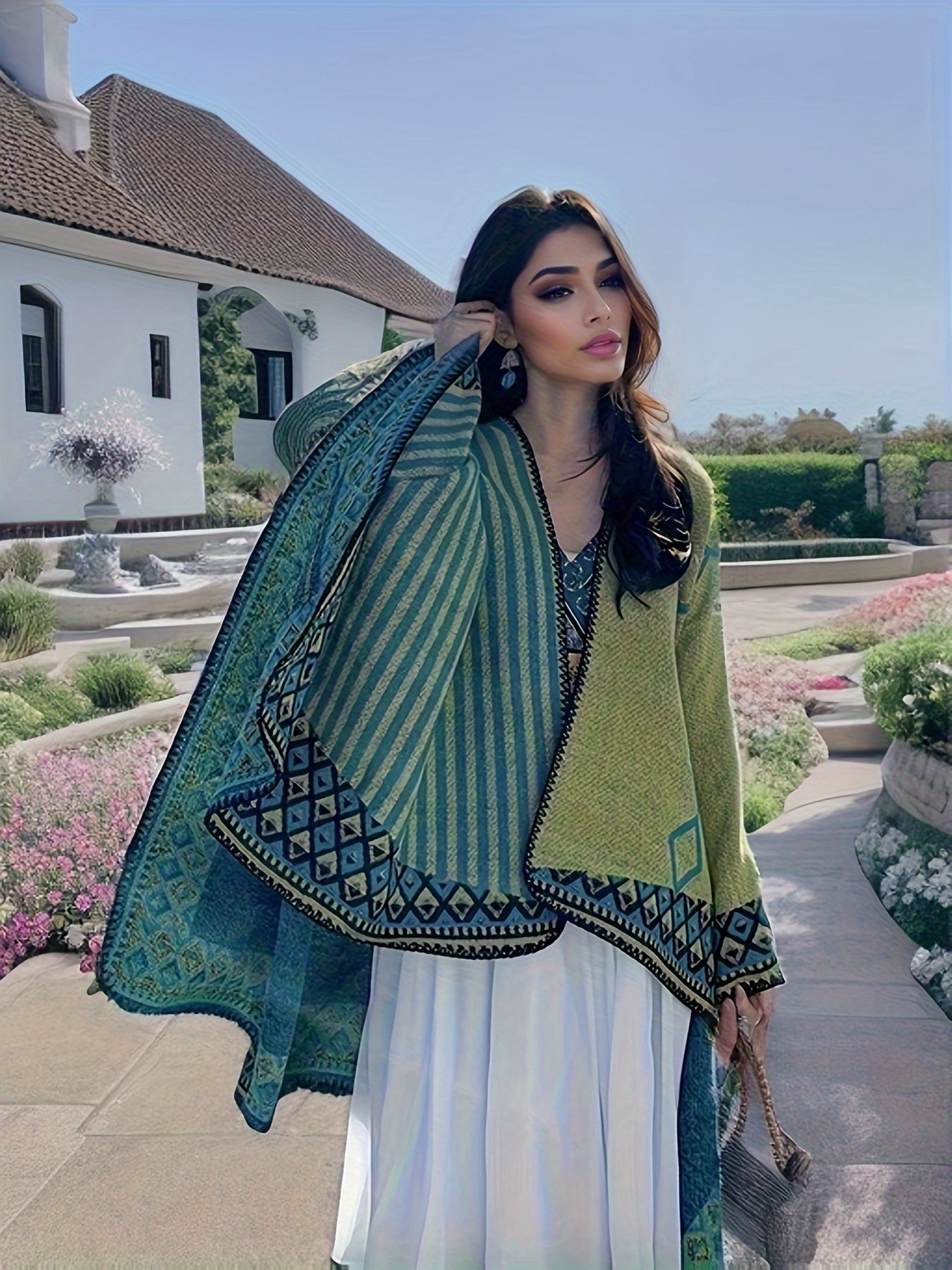 Women’s Reversible Green Patterned Elegant Poncho