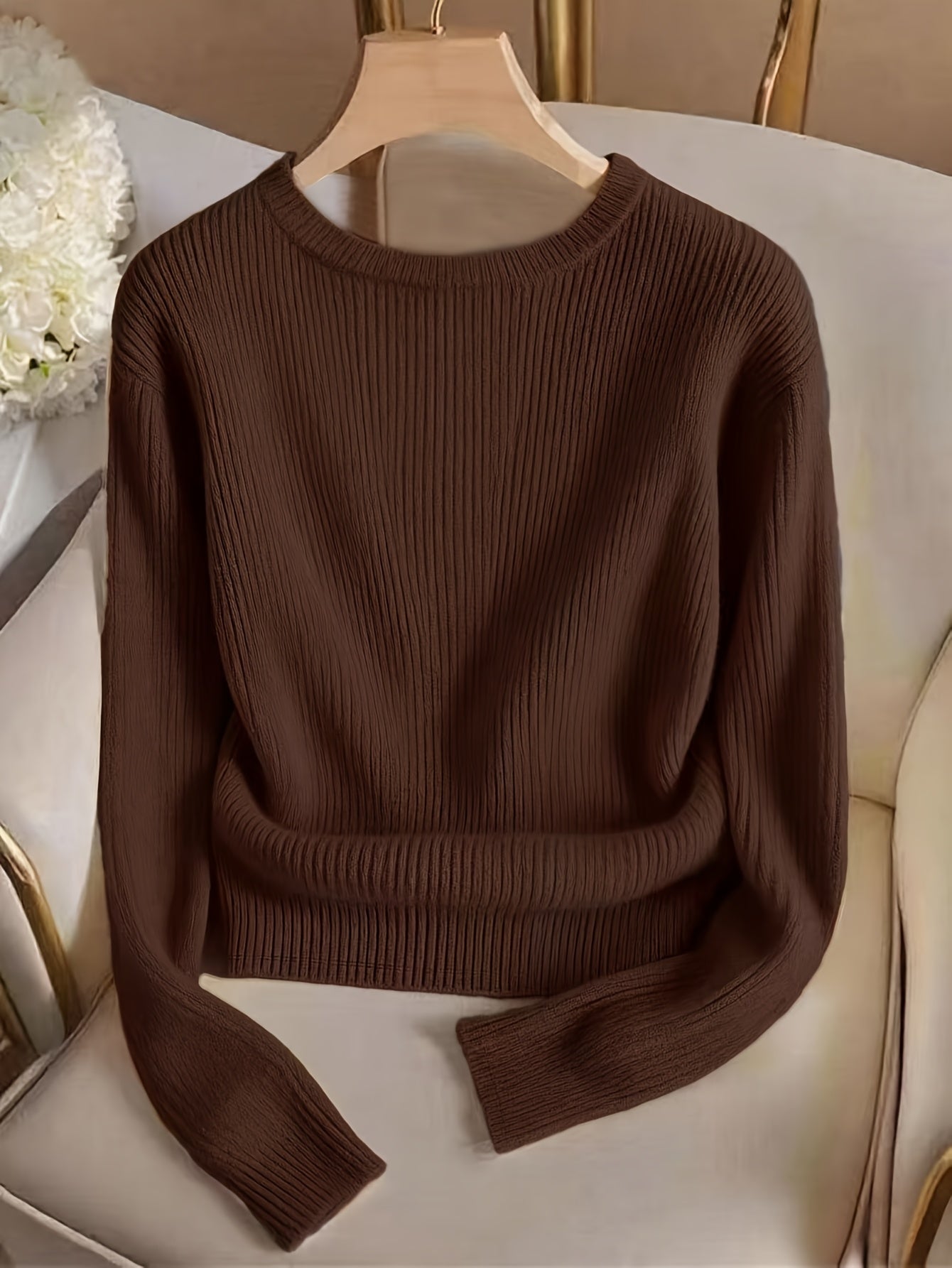 Women's rib-knit long-sleeve crew-neck sweater with buttons