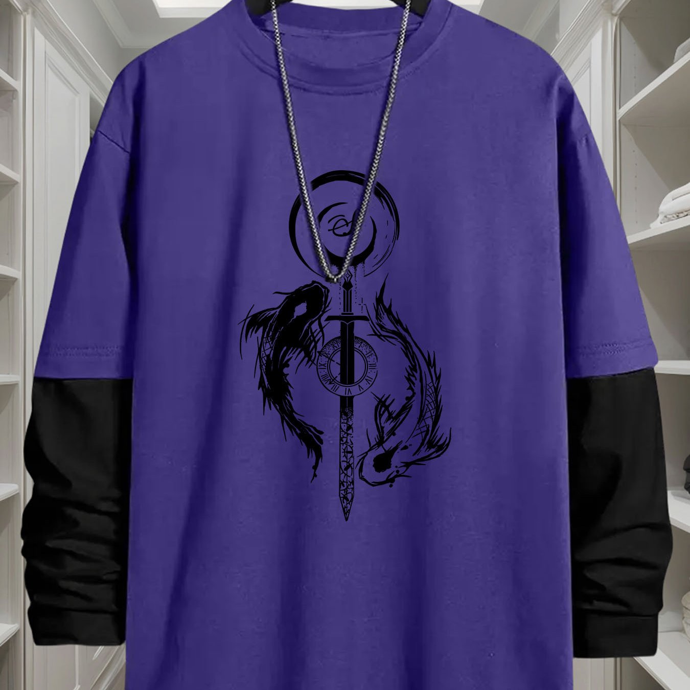 Unisex long-sleeve shirt with layered look, sword and fish graphic, black and white