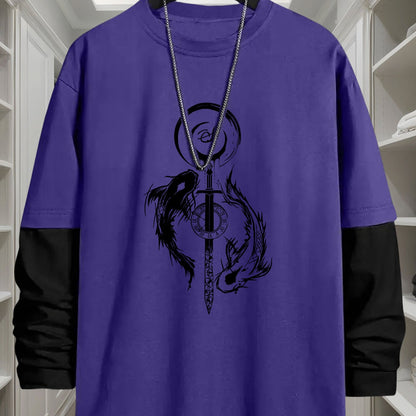 Unisex long-sleeve shirt with layered look, sword and fish graphic, black and white