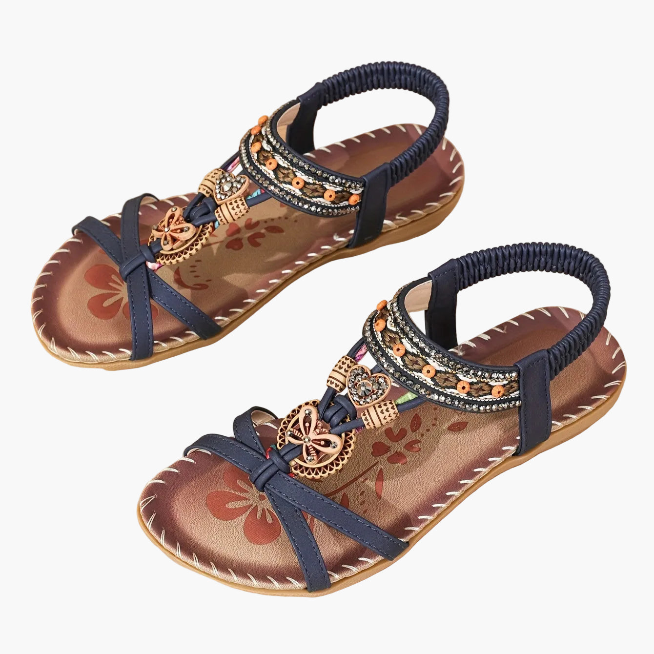 Women's Boho Sandals with Decorative Jewelry and Elastic Ankle Strap – Comfortable Summer Shoes for Casual Wear and Vacation