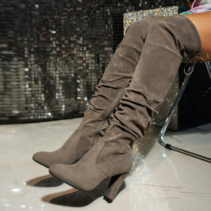 Women's over-the-knee boots with block heels, pointed toes, and lacing