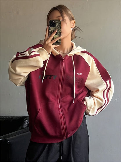 Unisex Kapuzenpullover mit Reißverschluss und Streifen-Design, Rot-Creme