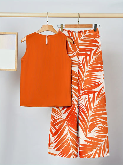 Women's Elegant Two-Piece Set – Sleeveless Top and Wide Palm Print Pants for Summer and Leisure