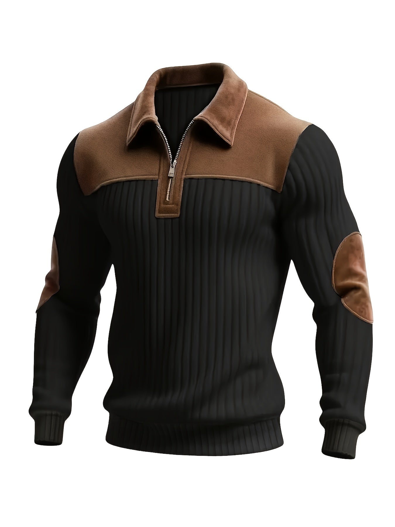Herren Rippstrick Pullover mit Reißverschlusskragen und Kontrastdetails