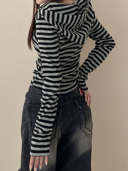 Damen Langarmshirt gestreift mit Knopfleiste