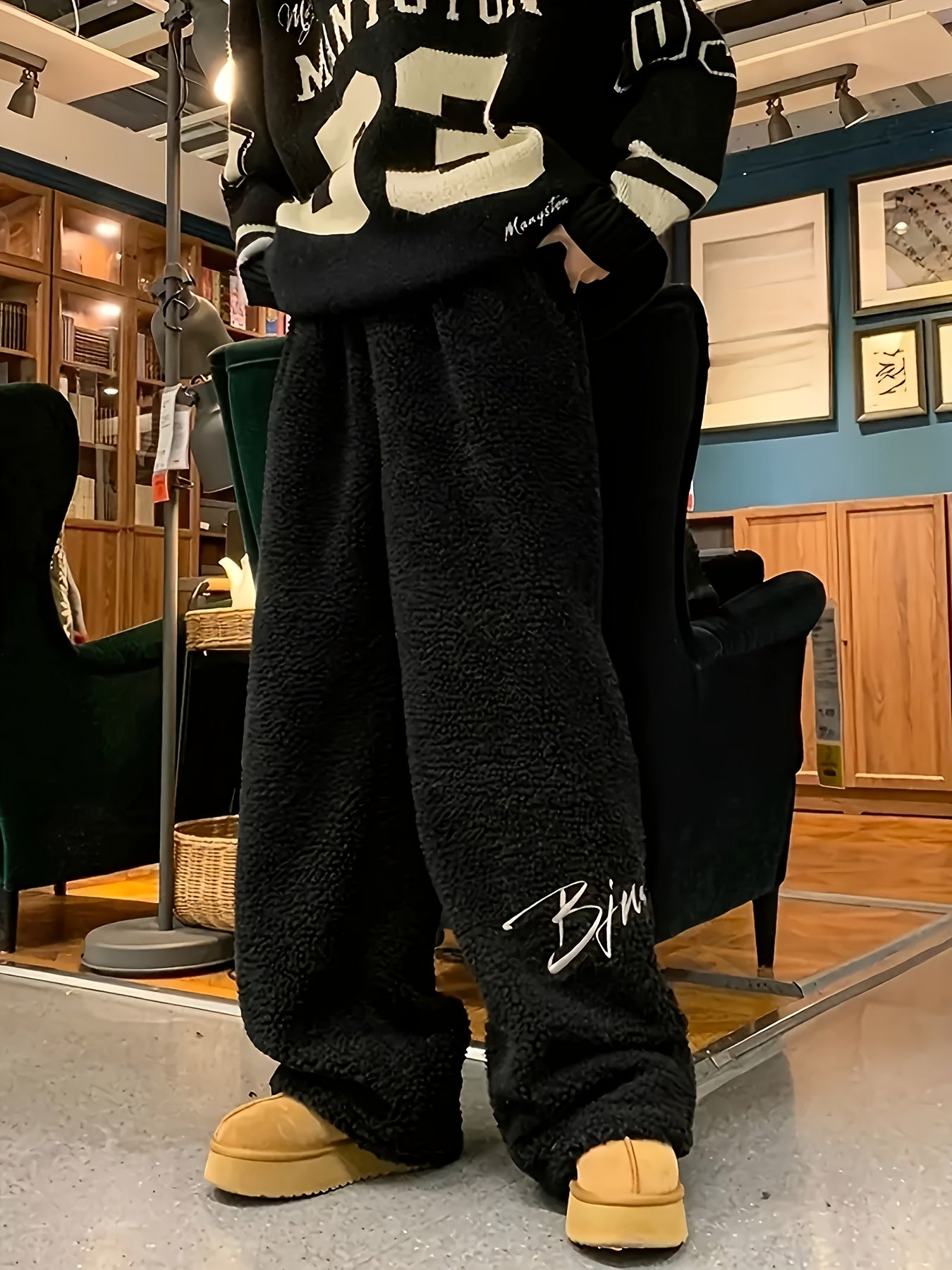 Wide Teddy Fleece Pants Unisex Plush Sweatpants Dark Gray