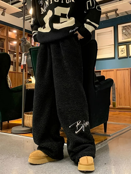 Wide Teddy Fleece Pants Unisex Plush Sweatpants Dark Gray