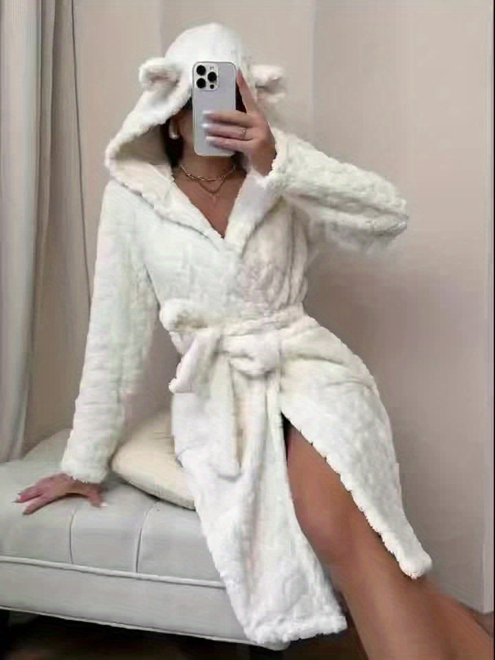 Women's long fluffy bathrobe with hood and ears, lilac purple