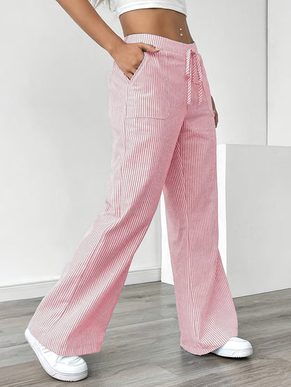 Women's Wide Casual Pants with Stripes and Drawstring – Casual Street Style for Everyday and Leisure