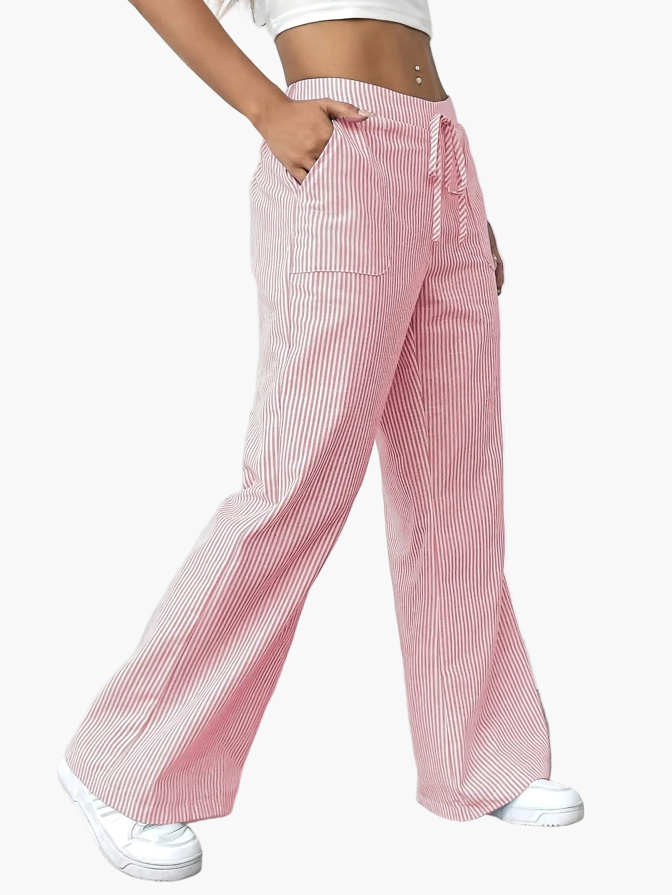 Women's Wide Casual Pants with Stripes and Drawstring – Casual Street Style for Everyday and Leisure