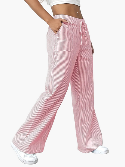Women's Wide Casual Pants with Stripes and Drawstring – Casual Street Style for Everyday and Leisure