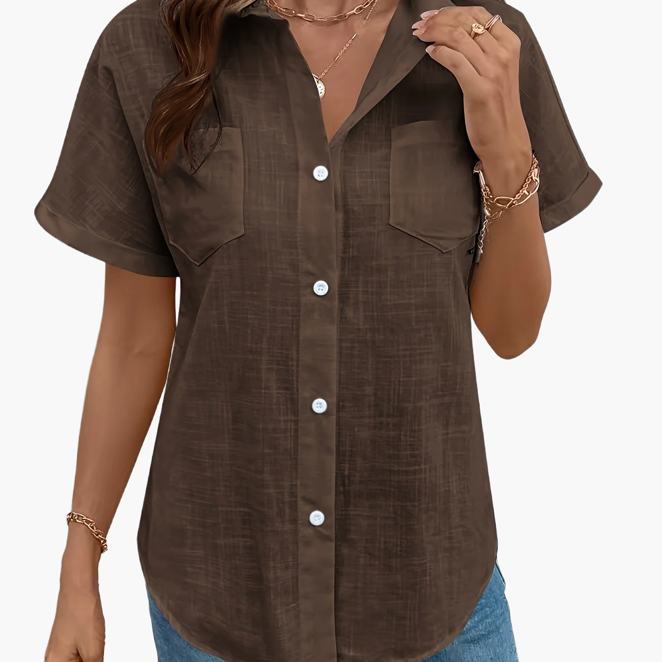 Women's Short-Sleeve Blouse with Bird Print and Chest Pocket – Fashionable Casual Shirt