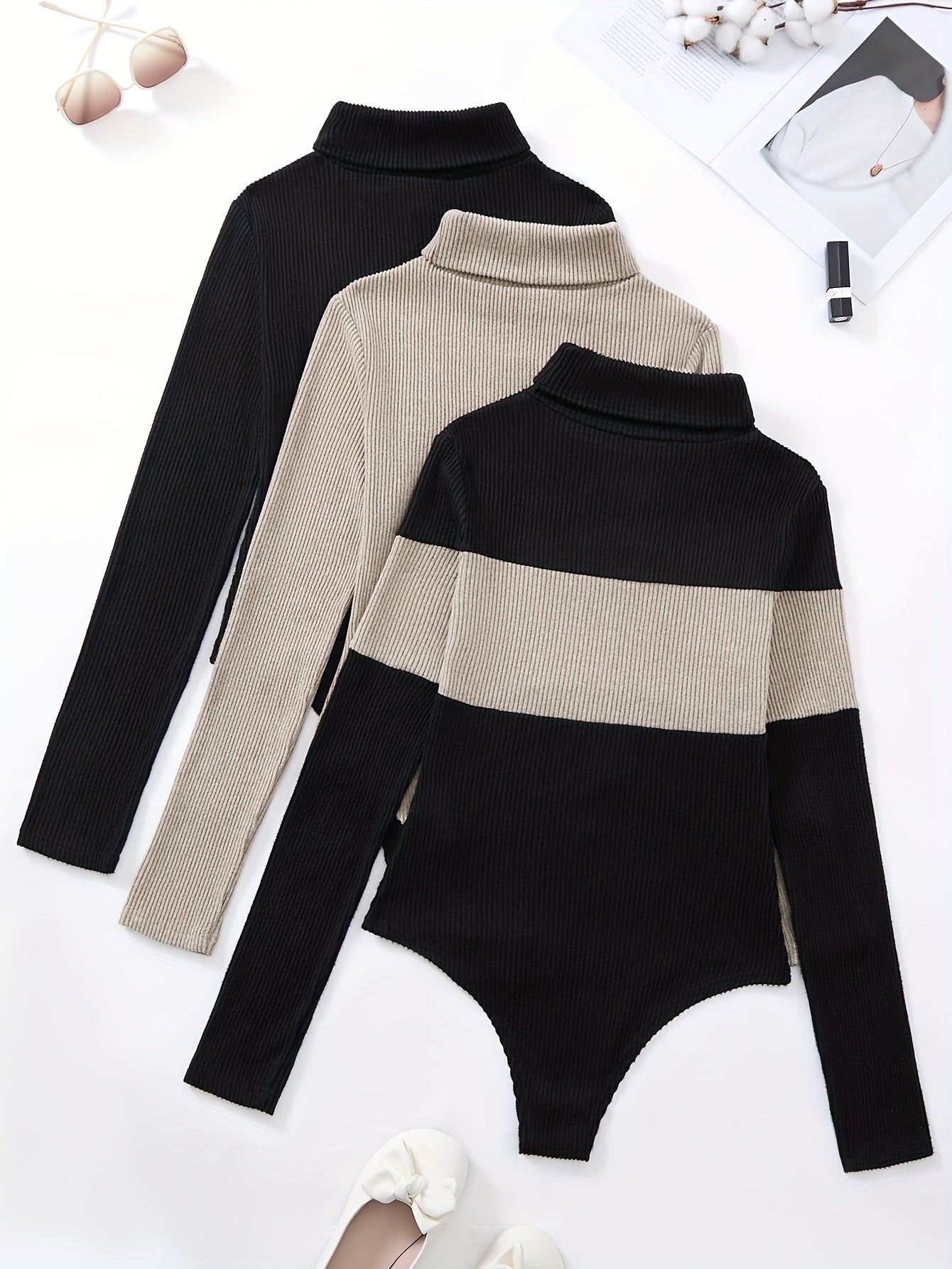 Damen Rollkragen Langarm Body Gerippt