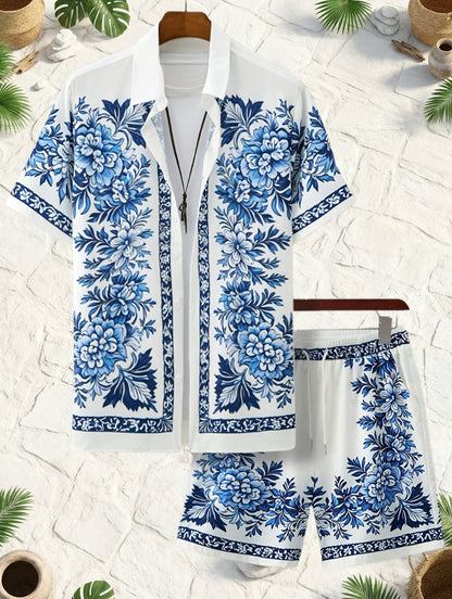 Men's Summer Casual Set with Short-Sleeve Shirt and Shorts – Floral Pattern, Ideal for Vacation & Beach