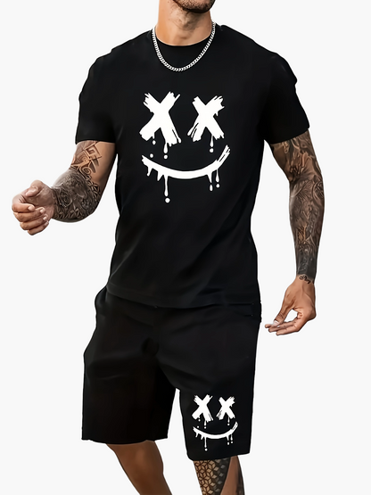 Men's Streetwear Set – T-Shirt & Shorts with Graffiti Smile Print – Summer Casual Outfit