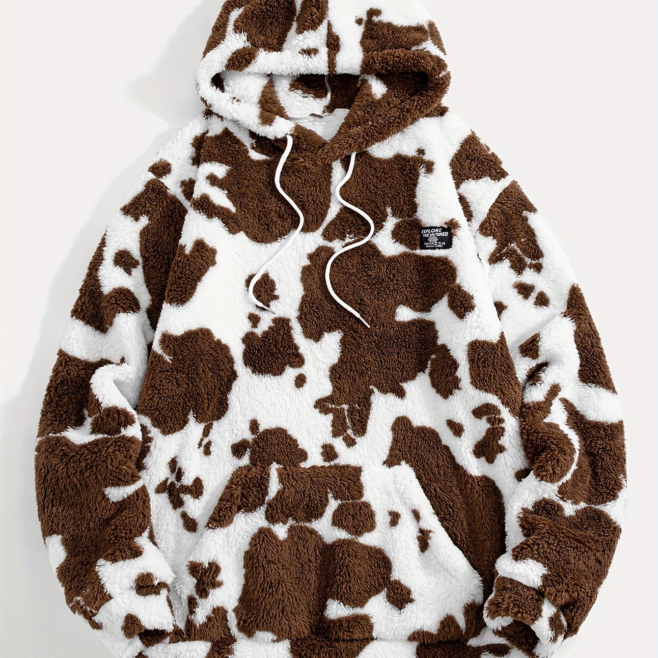 Teddyfleece Hoodie Kuhflecken-Muster mit Kängurutasche und Kapuze