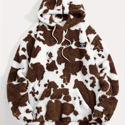 Teddyfleece Hoodie Kuhflecken-Muster mit Kängurutasche und Kapuze