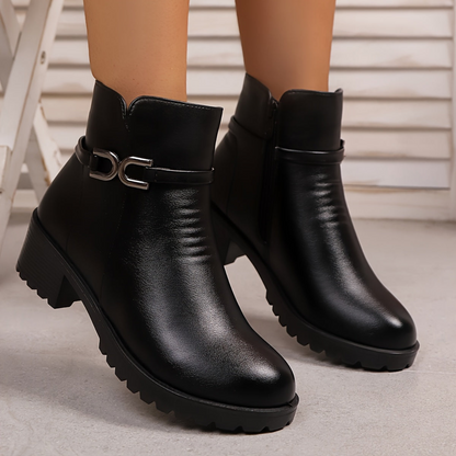 Women's ankle boots with decorative buckle and zip, lug sole, block heel