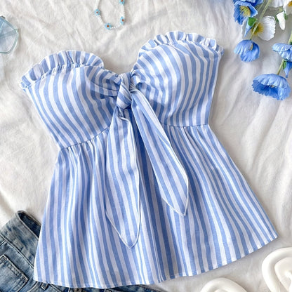 Women's bandeau crop top with bow front and ruffles – summer street style
