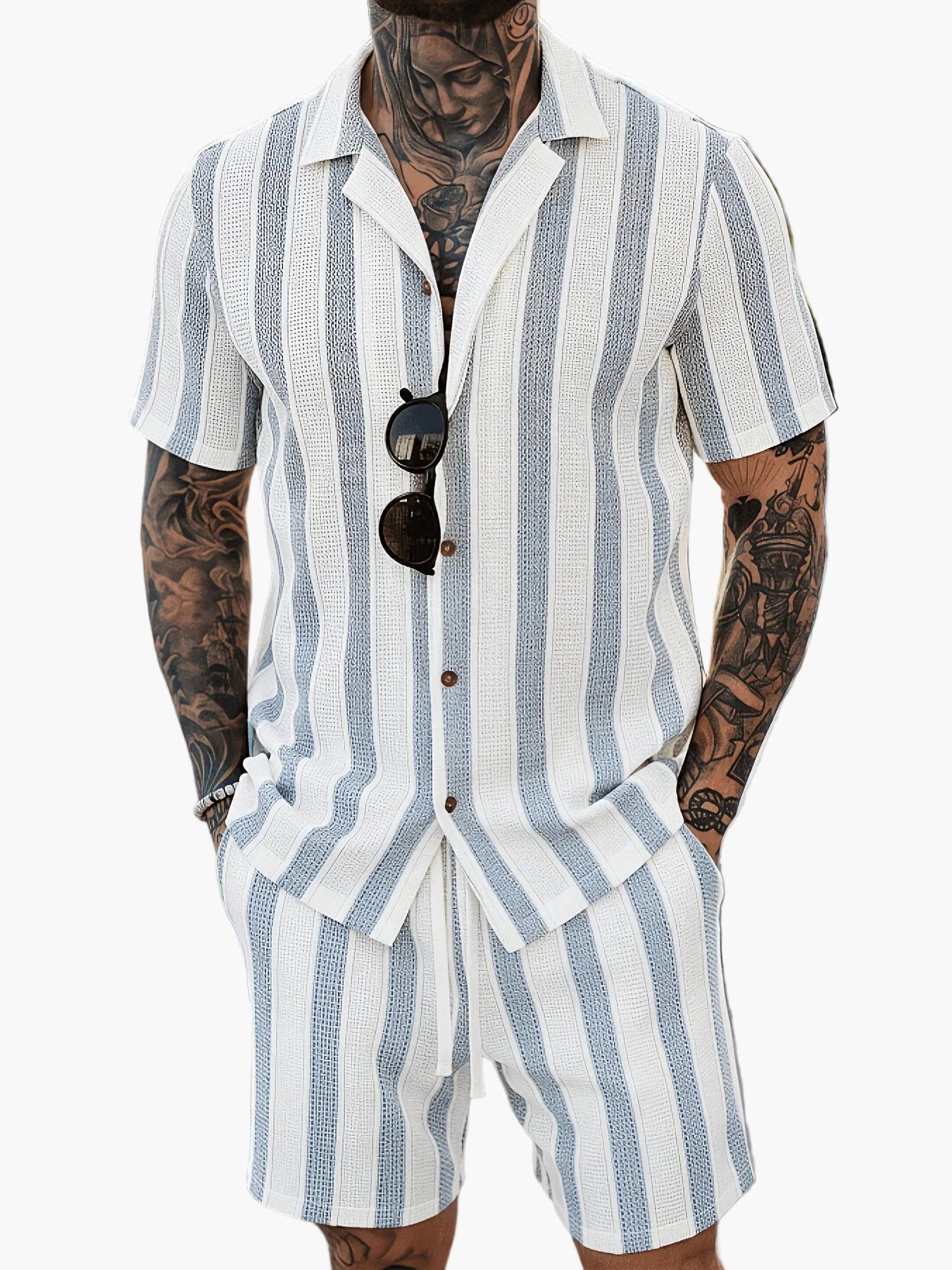 Men's Summer Set – Striped Casual Outfit with Short-Sleeve Shirt and Shorts, Ideal for Vacation & Everyday Wear