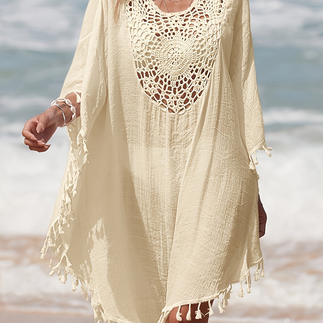 Women's Boho Beach Poncho Kaftan with Crochet Detail and Tassels – Perfect as a Beach Cover-Up
